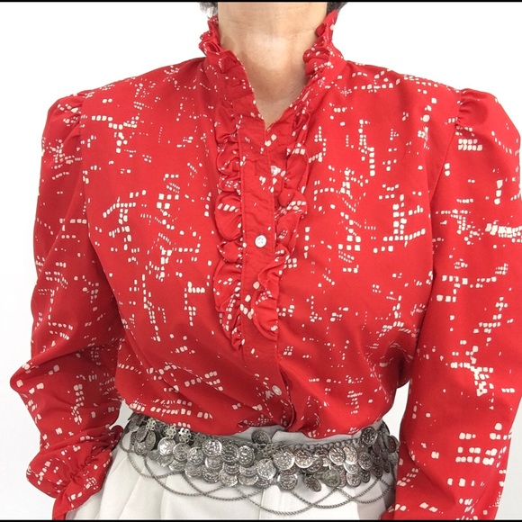 SOLD-Gorgeous Ruffled Neck Bib Collar High Neck Blouse - Picture 6 of 8